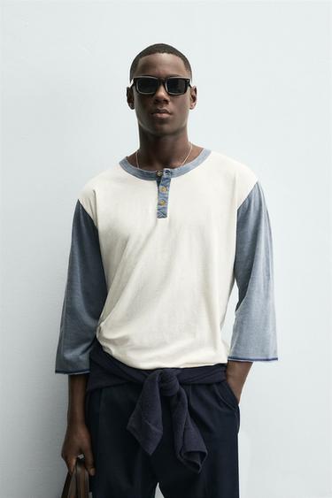 COLOUR BLOCK HENLEY T-SHIRT - Ecru by Zara