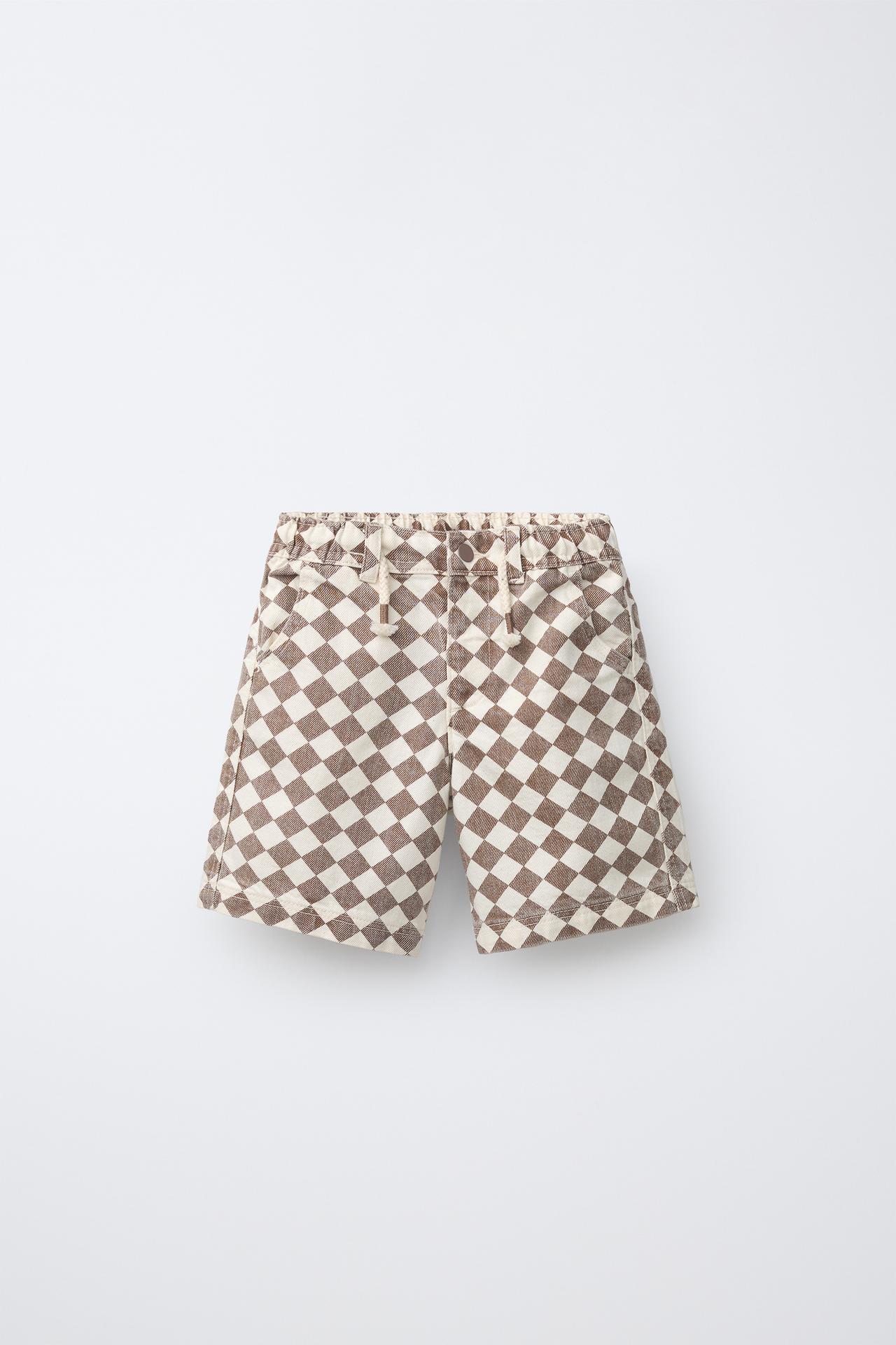 CHECKERED TWILL SHORTS — Brown / Ecru