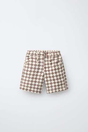 CHECKERBOARD TWILL BERMUDA SHORTS - Brown / Ecru by Zara