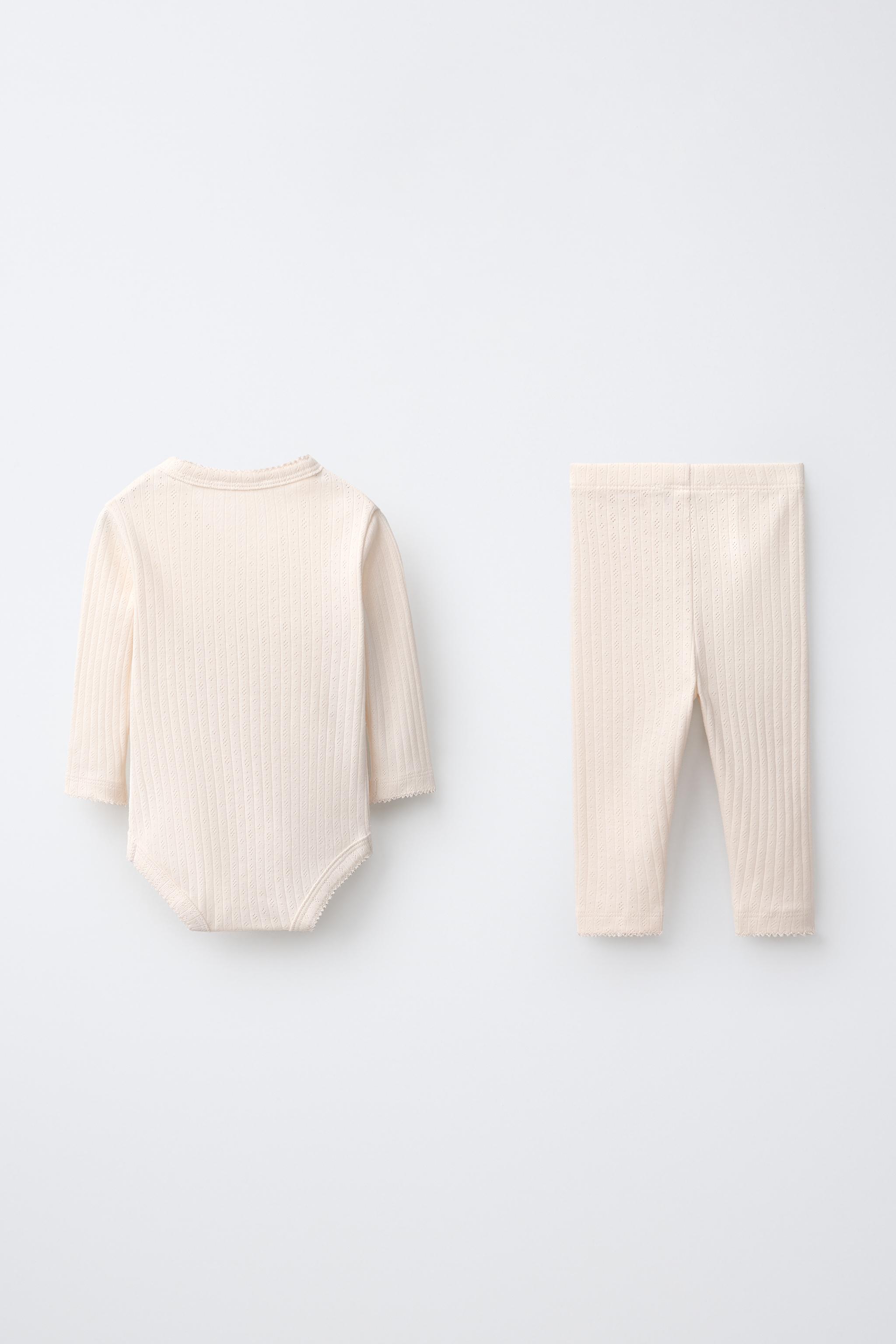 CONTRAST STITCH POINTELLE WRAP BODYSUIT AND LEGGINGS SET — Ecru