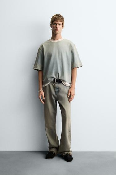 Zara WASHED DENIM T-SHIRT - Light blue