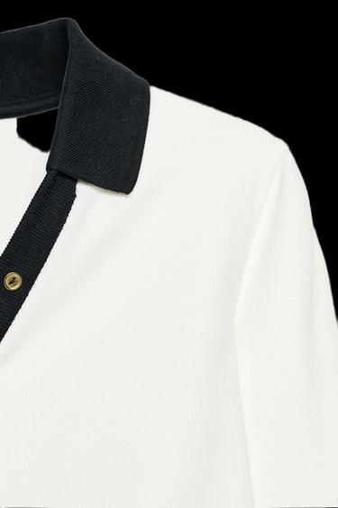 Zara CONTRAST INTERLOCK POLO TOP - Oyster-white