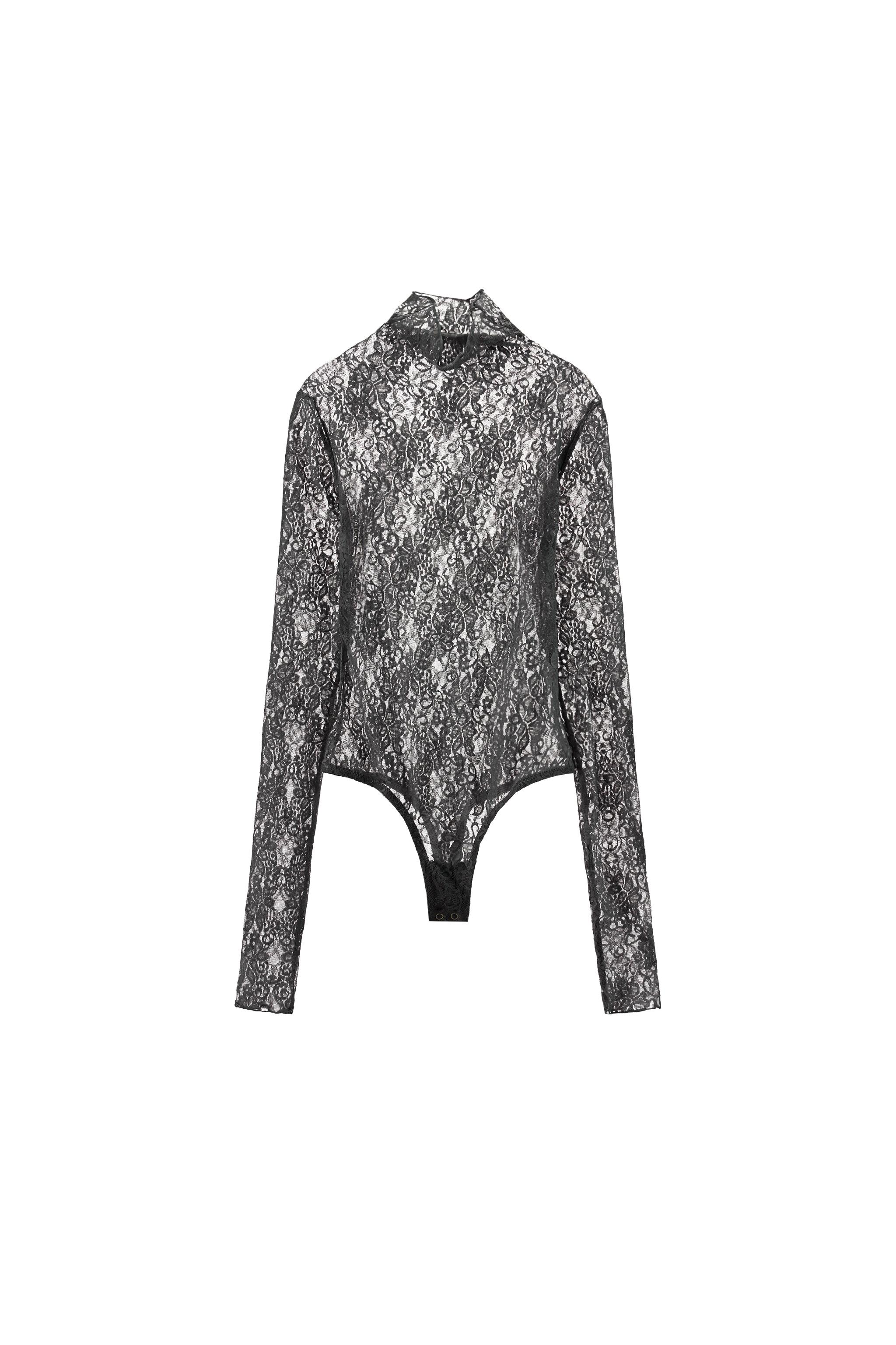 フローラル刺繍レースボディスーツ - グレー | ZARA Japan / 日本