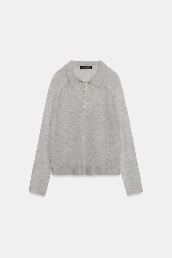 PLAIN KNIT POLO JUMPER - Grey marl by Zara - Image 4