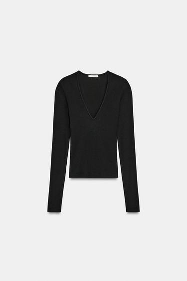 LONG SLEEVE RIBBED TOP - Black by Zara
