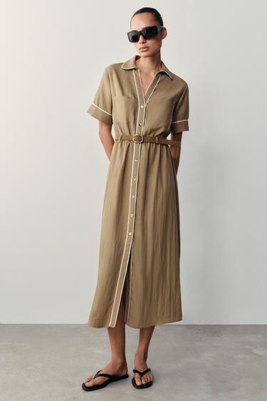 VESTIDO MIDI VIVOS CONTRASTE CINTURÓN - Camel oscuro de Zara