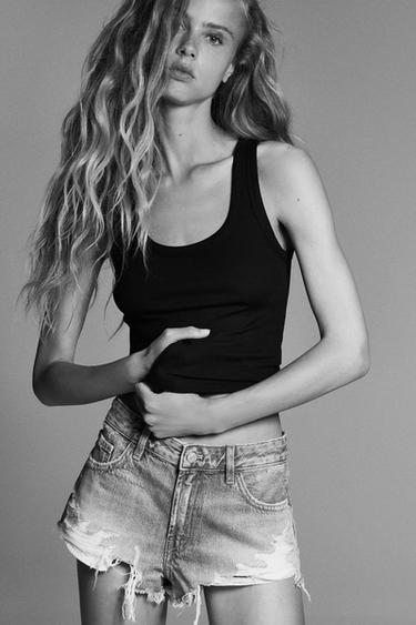 Zara TRF RIPPED MID-RISE DENIM SHORTS - Blue