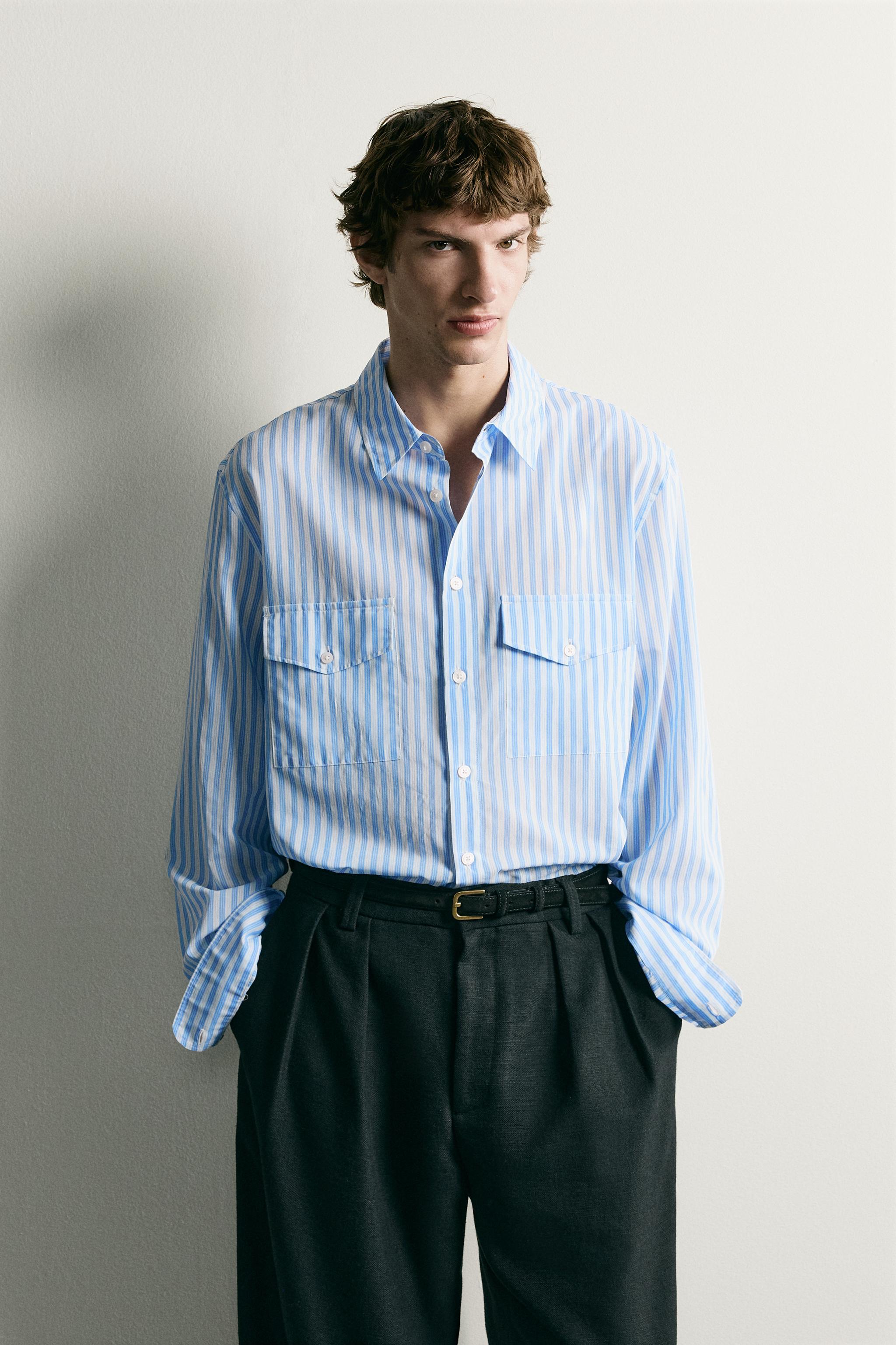STRIPED FLOWY POCKET SHIRT — Blue / White