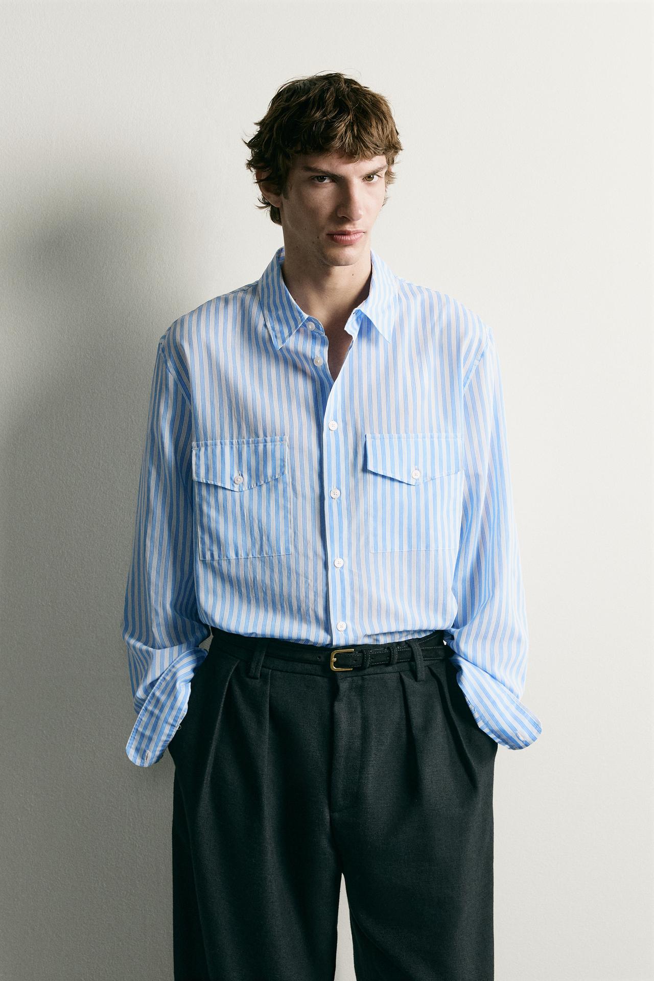 STRIPED FLOWY POCKET SHIRT — Blue / White
