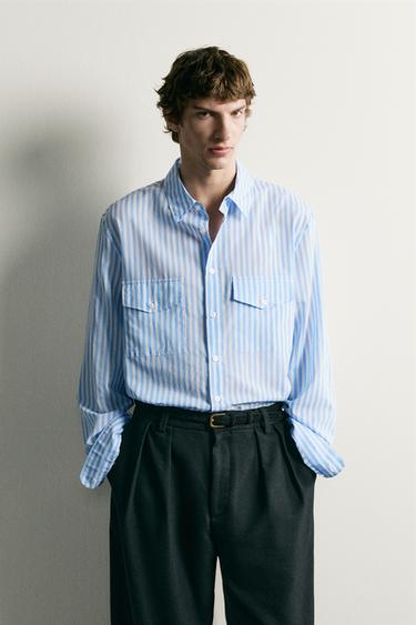 FLIESSENDES GESTREIFTES HEMD MIT TASCHEN - Weiß / Blau von Zara