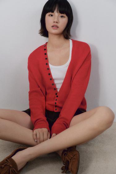 Zara 100% 超柔羊毛 V 領開襟衫 - 紅色