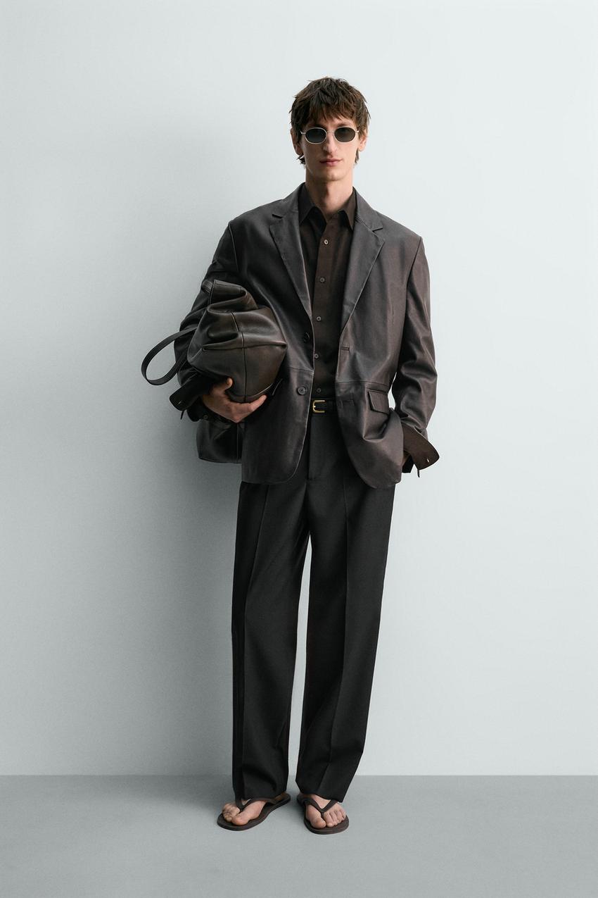 Zara - Relaxed Fit Leather Blazer - Brown - S - Man