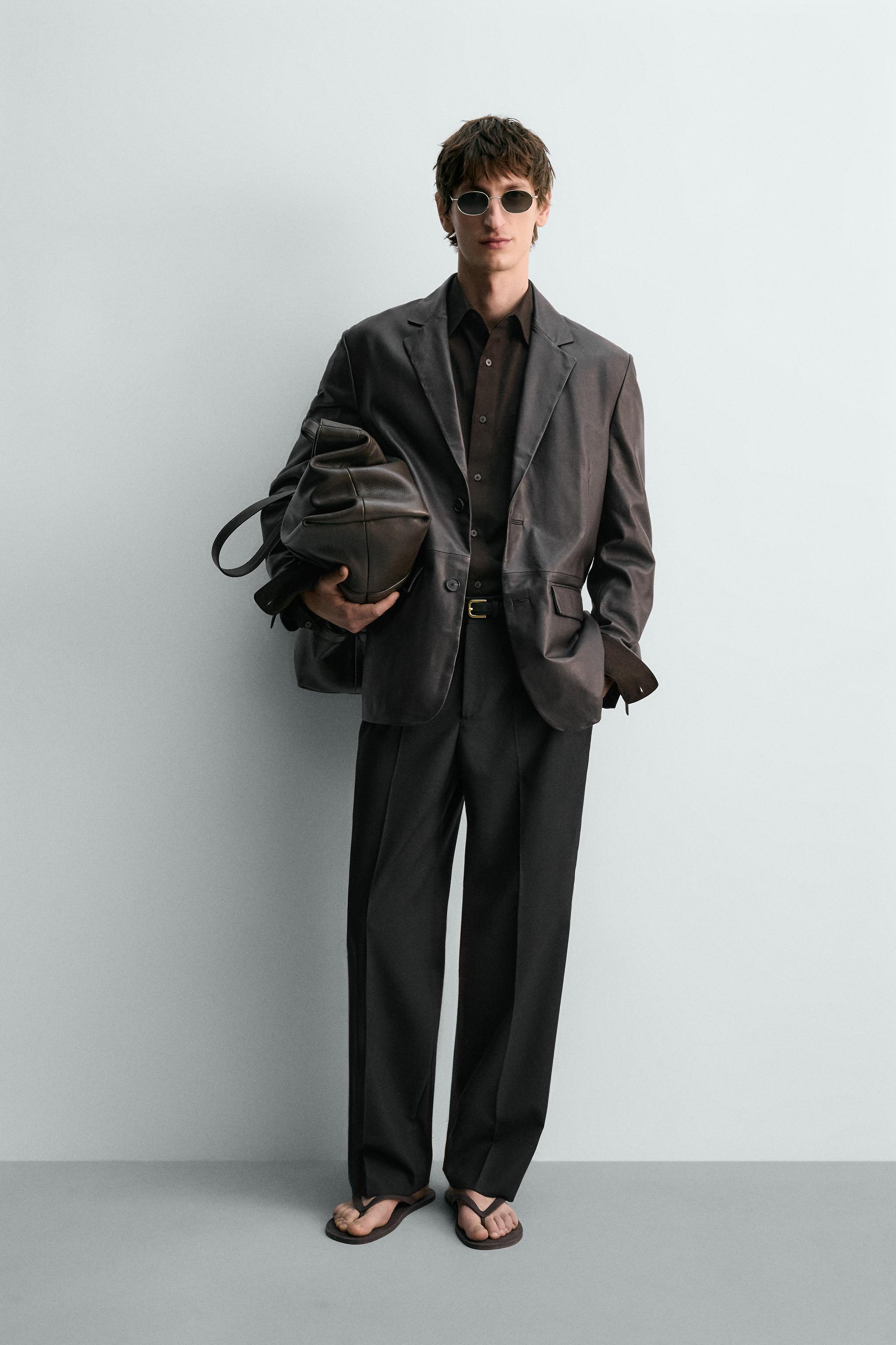 Zara - Relaxed Fit Leather Blazer - Brown - S - Man Zara - Relaxed Fit Leather Blazer - Brown - S - Man