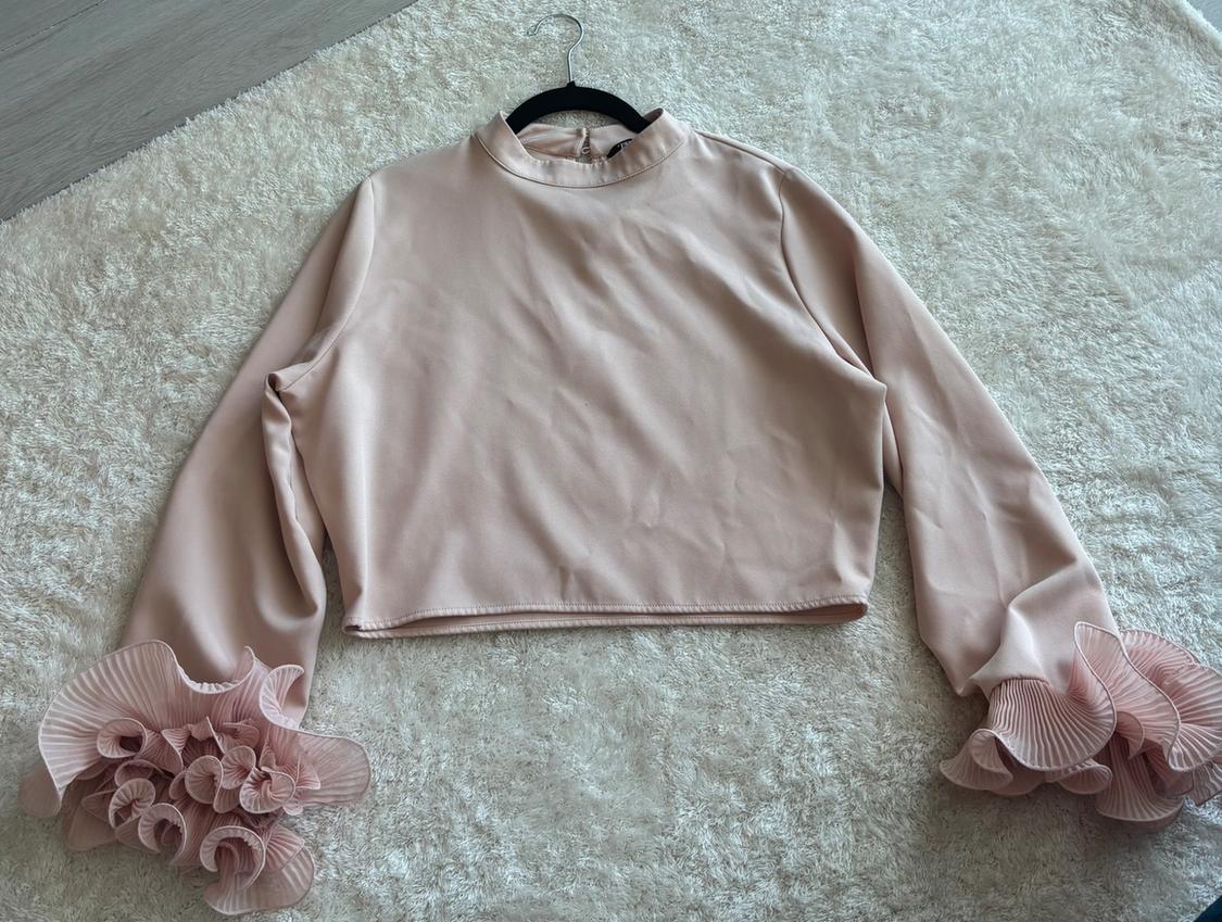 Light pink blouse with long sleeves and pleated frills on the cuffs, hung over a beige rug.