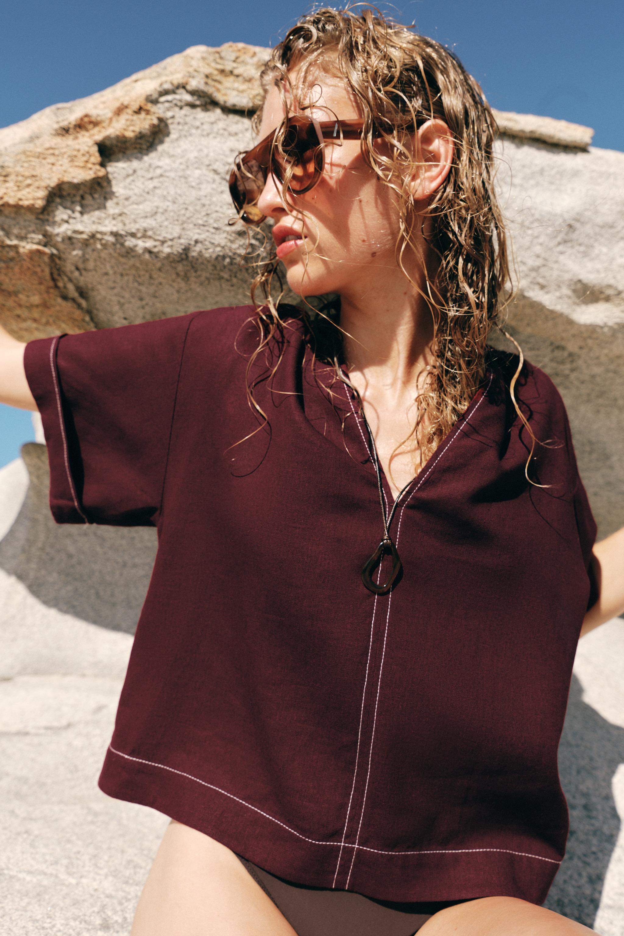 Женские рубашки Zara LINEN TOP WITH CONTRAST PIPING — фото 2