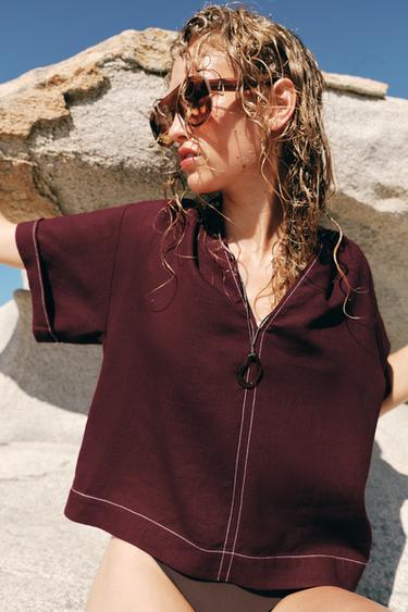 Zara LINEN TOP WITH CONTRAST PIPING - Burgundy