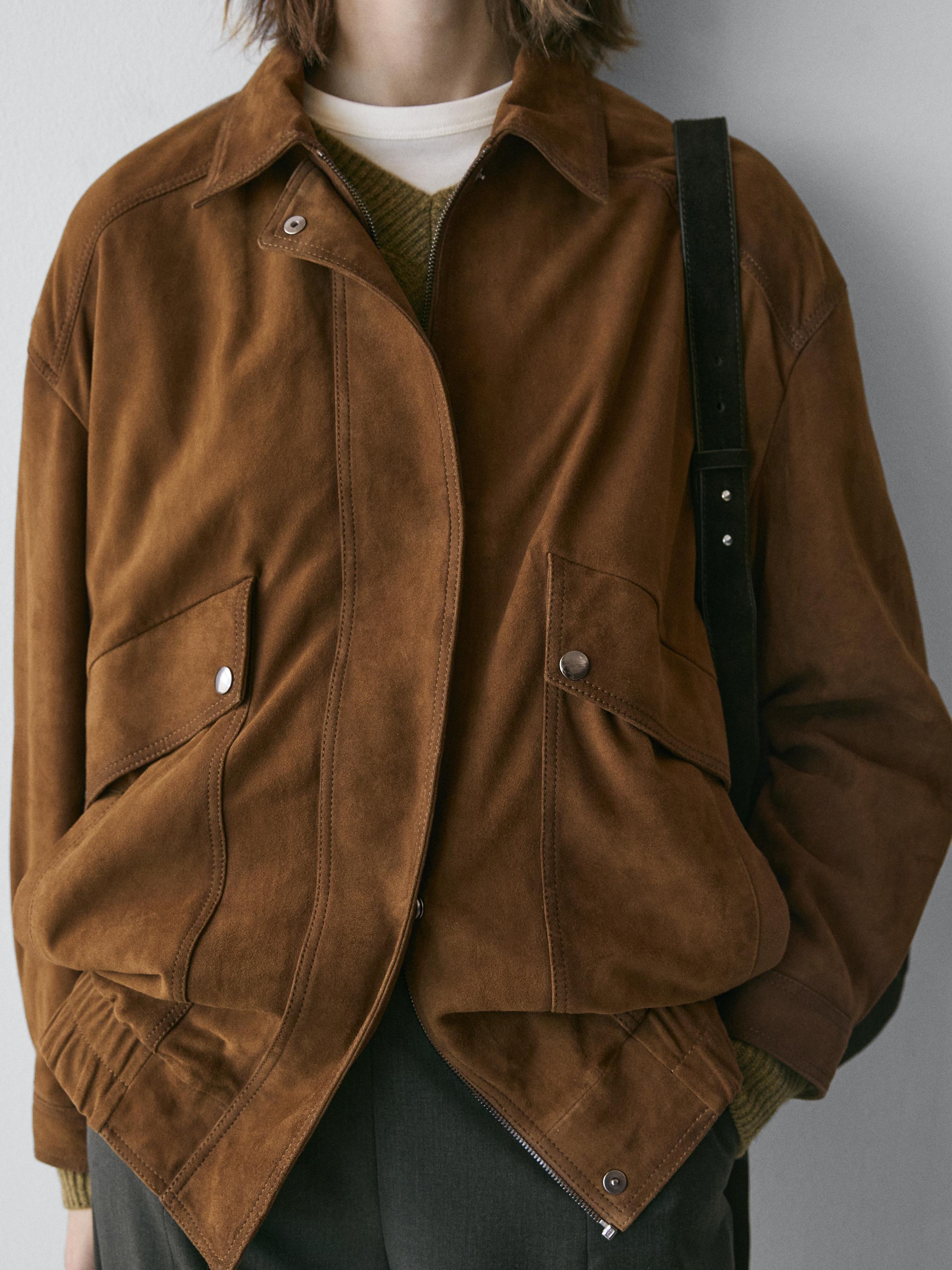 Suede leather bomber jacket with pockets
