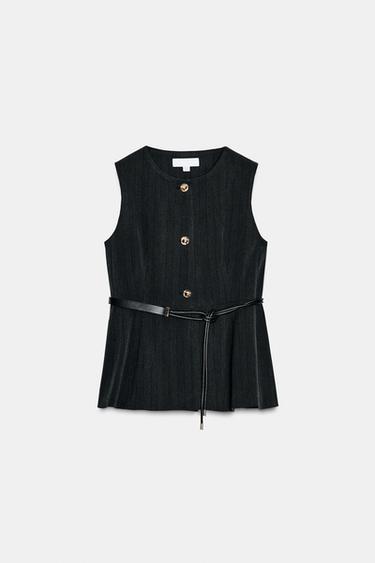 ベルト付きヘリンボーンペプラムベストカーボングレーZaraのベルト付きヘリンボーンペプラムベスト - カーボングレー