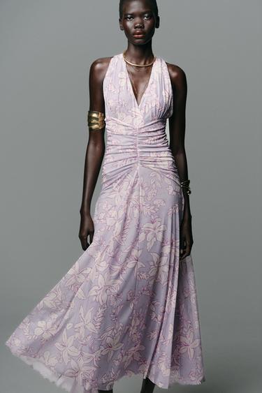 Zara PRINTED TULLE MAXI DRESS - Lilac