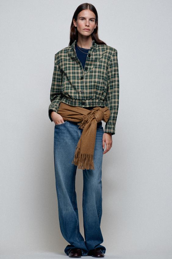 Zara CHECK BOMBER JACKET - Green / Ecru - Image 0