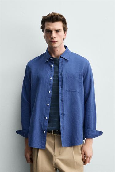 Zara 標準版亞麻棉質襯衫 - 深藍色