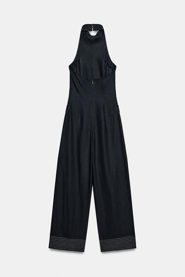 LINEN BLEND HALTER JUMPSUIT WITH CONTRAST TOPSTITCHING - Navy blue by Zara - Image 8