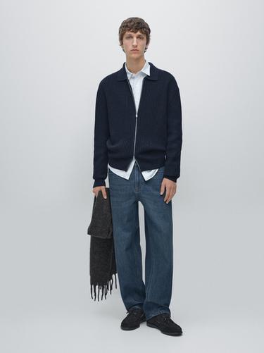 Cardigan côtelé zippé en coton et en laine - Bleu marine de Zara - Image 0