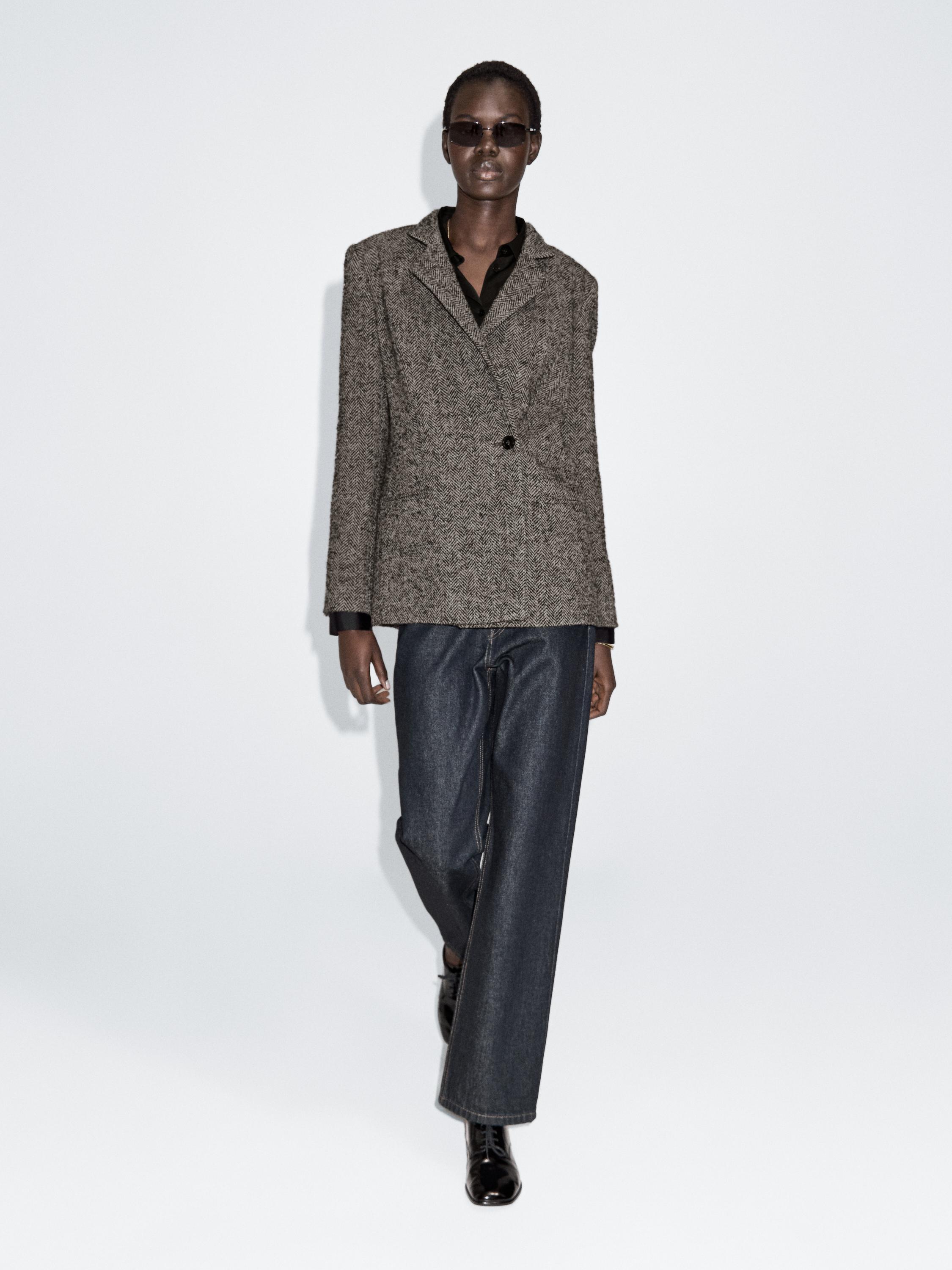 Herringbone wool blend blazer with high collar