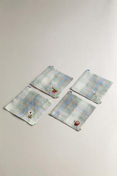 SET OF CHECKED LINEN COASTERS (SET OF 4) - Green / Blue by Zara - Image 1