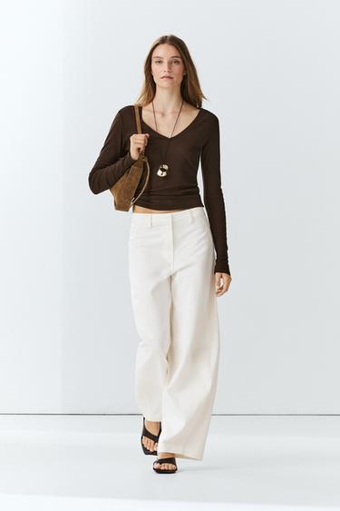 Zara Slim fit long sleeve V-neck T-shirt - Brown - Image 0
