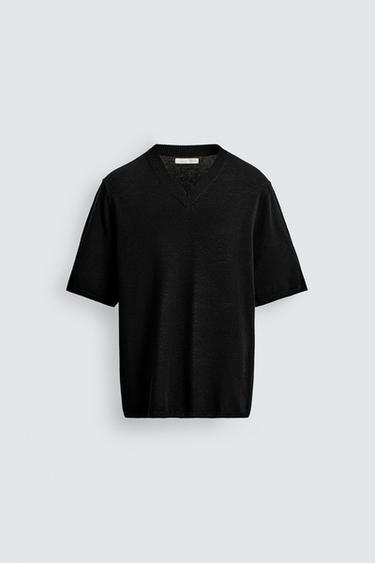 Zara V-NECK KNIT T-SHIRT - Black