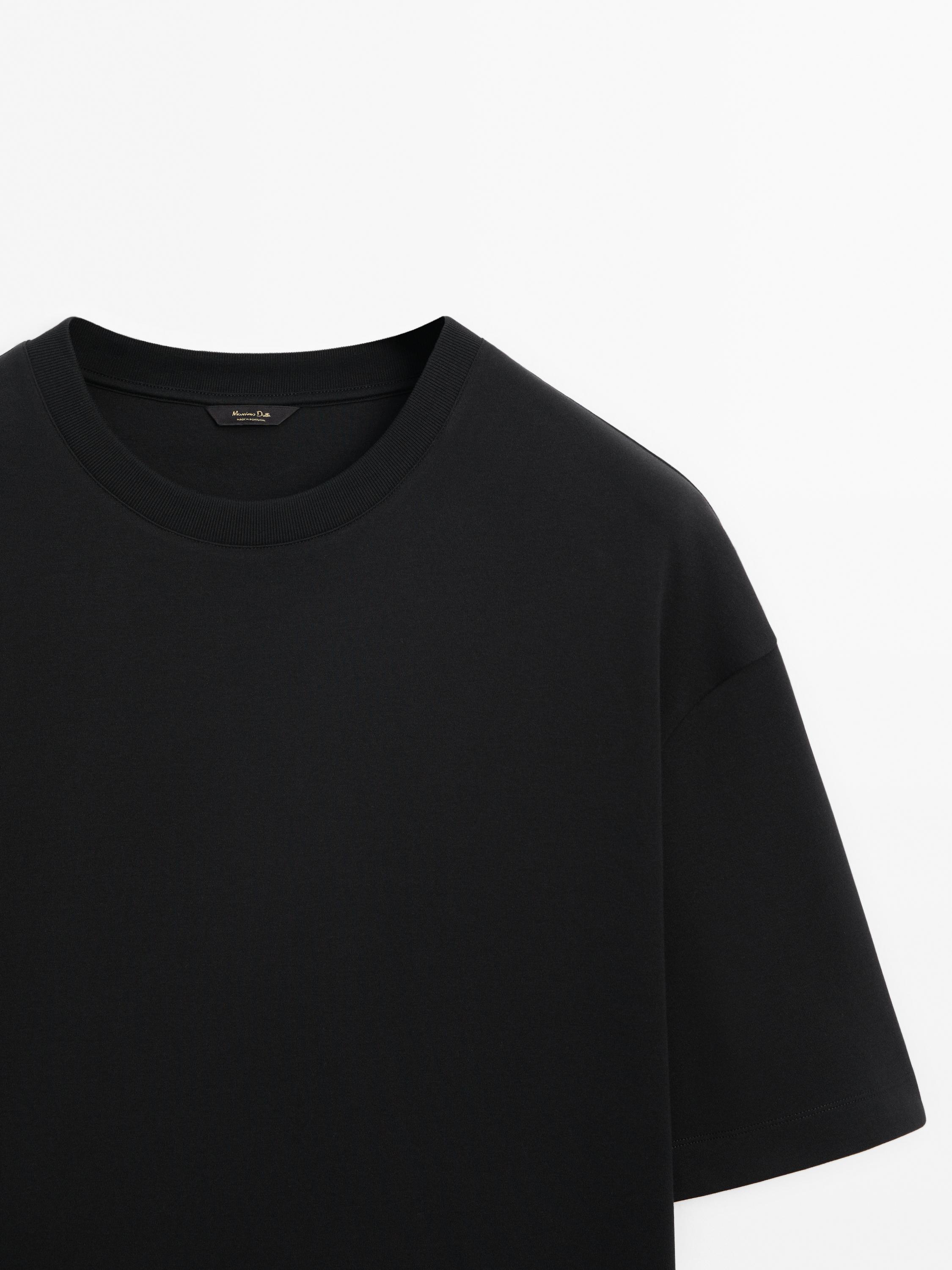 Drop-shoulder cotton T-shirt with a crew neck - Black | ZARA 