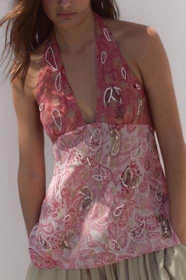 BEADED PRINT GEORGETTE HALTER TOP - Fuchsia by Zara - Image 3