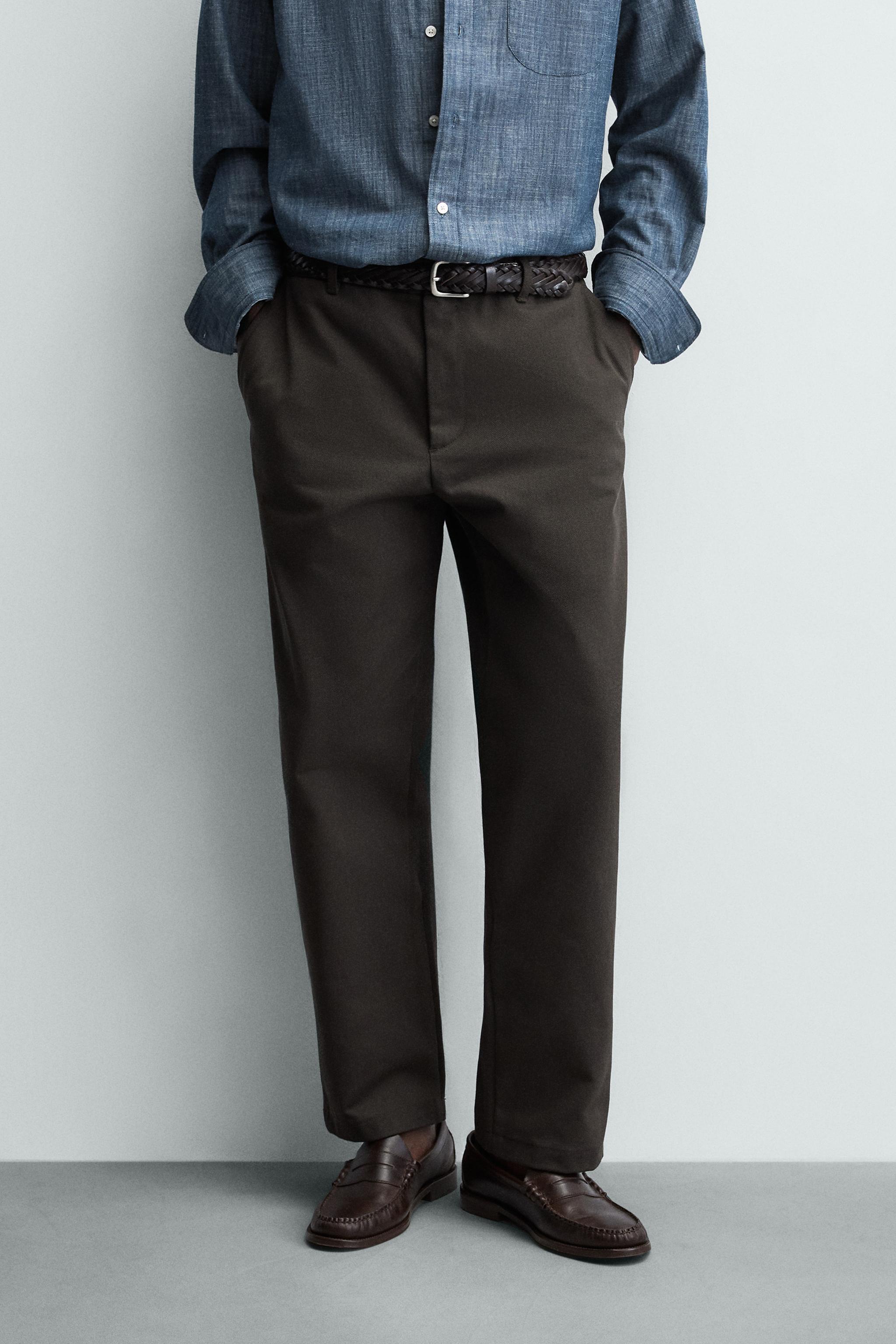 TEXTURED STRAIGHT FIT PANTS — Brown