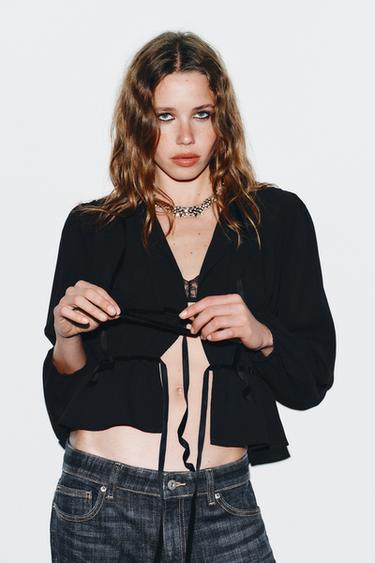 GEORGETTE BLOUSE WITH VELVET TIES - Black by Zara