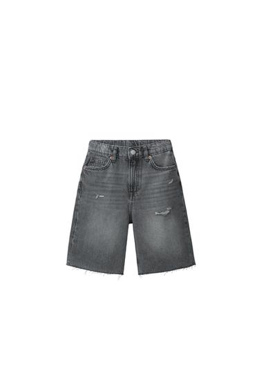 Zara RIPPED WIDE FIT DENIM SHORTS - Light gray