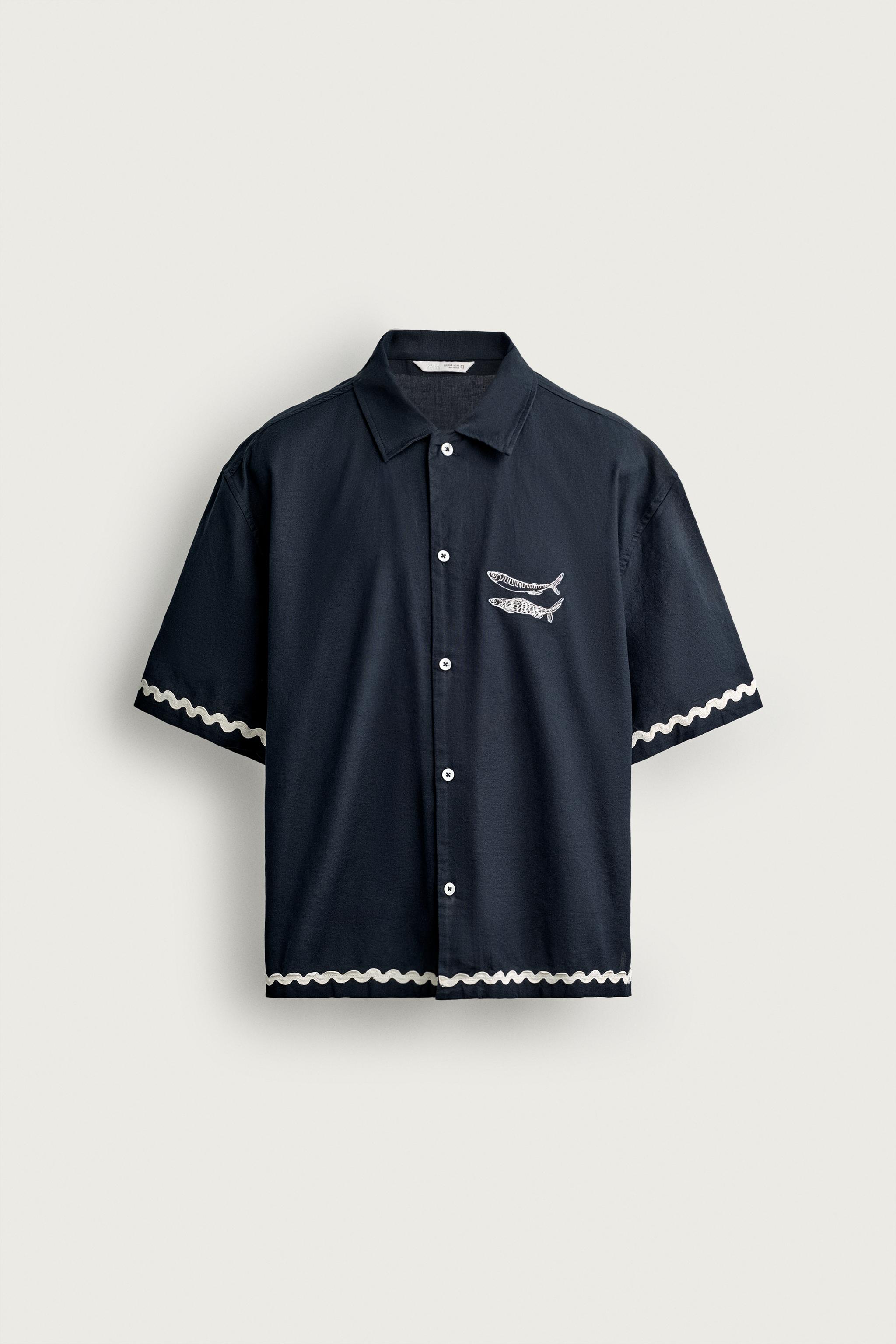 RELAXED FIT FISH EMBROIDERED SHIRT — Navy blue