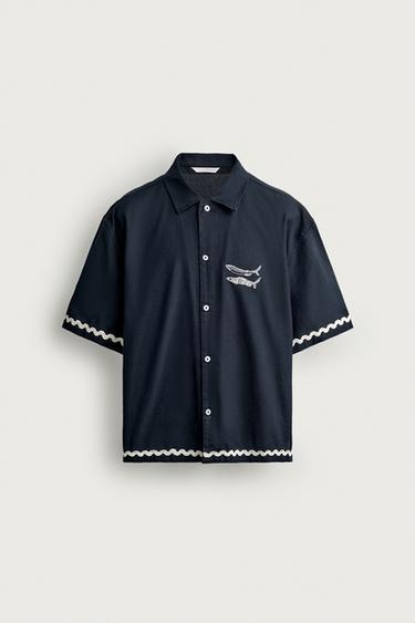 RELAXED FIT FISH EMBROIDERY SHIRT - Navy blue by Zara