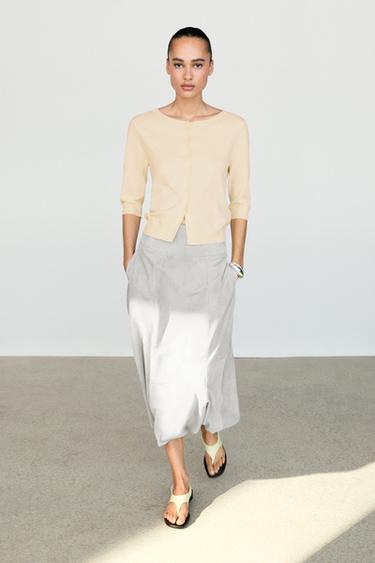 Cardigan en coton mélangé à col bateau - Jaune de Zara
