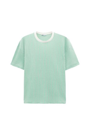 Front view of a green striped t-shirt with a white crew neck.
