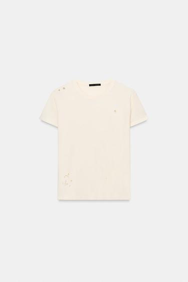 T-SHIRT DÉCHIRURES MANCHES COURTES - Écru de Zara - Image 4