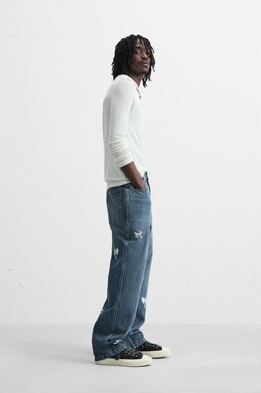EMBROIDERED RELAXED FIT JEANS - Mid-blue by Zara - Image 3