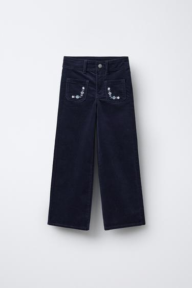 VELVET TROUSERS WITH EMBROIDERED FLOWERS - Blue by Zara