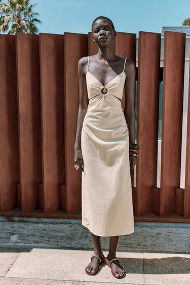 CUT-OUT RUSTIC MIDI DRESS - Light beige by Zara