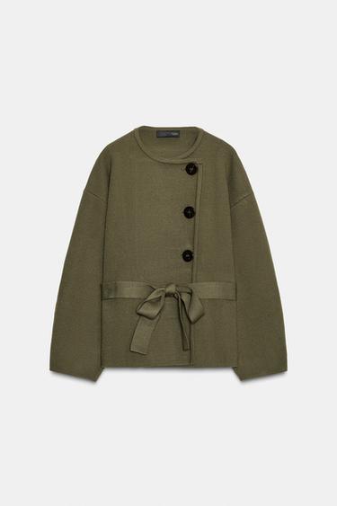 SHORT KNIT COAT WITH BELT - Dark green by Zara - Image 4