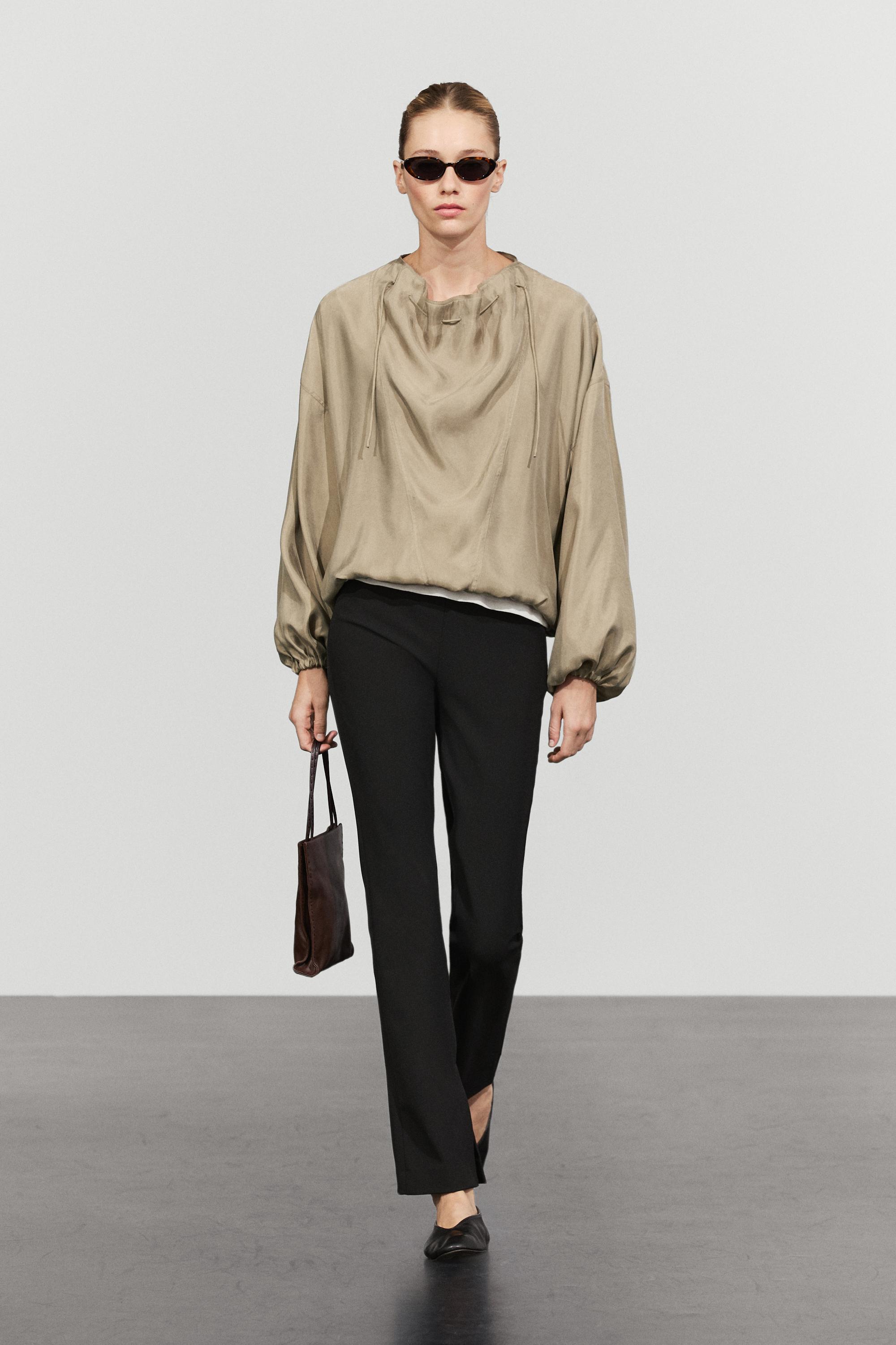 Flowing blouse with drawstring neck detail — Stone