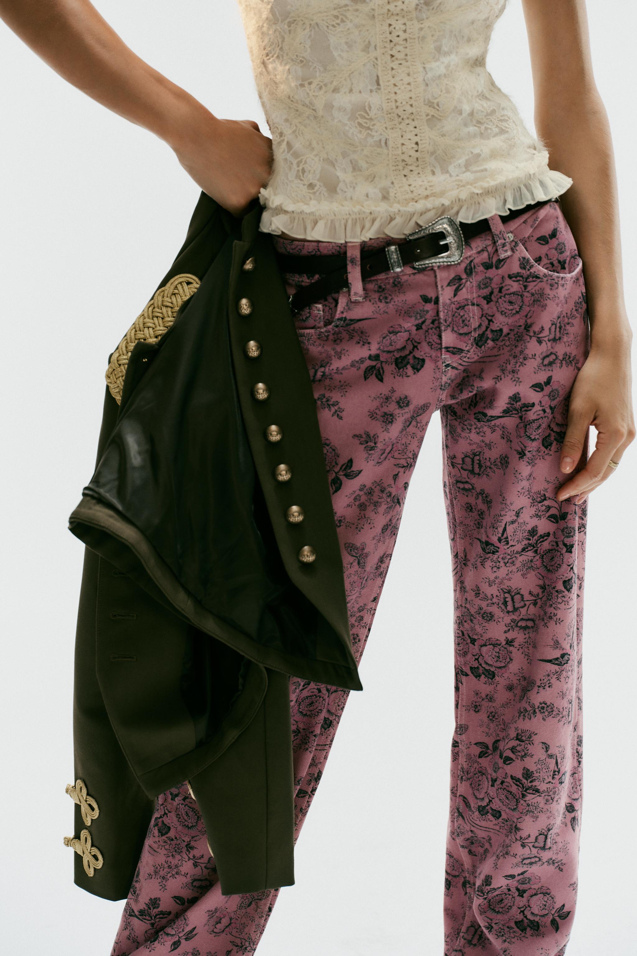 TRF LOW-RISE WIDE-LEG FLORAL JEANS — Pink
