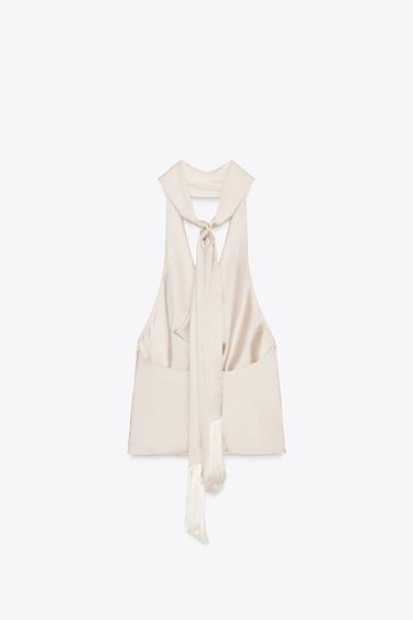 FRINGED SATIN HALTER TOP - Sand by Zara - Image 6