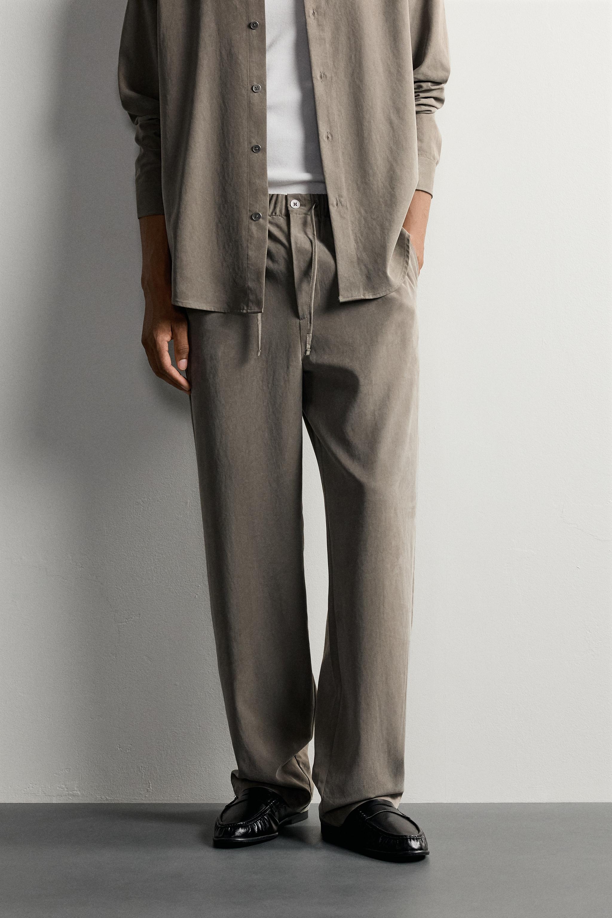 RELAXED FIT FLOWY PANTS — Gray / Natural