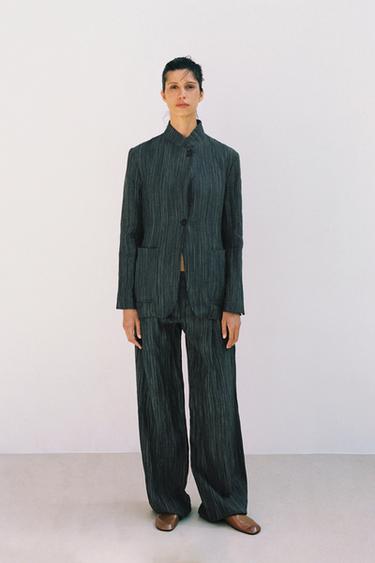 Zara ZW COLLECTION STRIPED LINEN TROUSERS - Blue gray